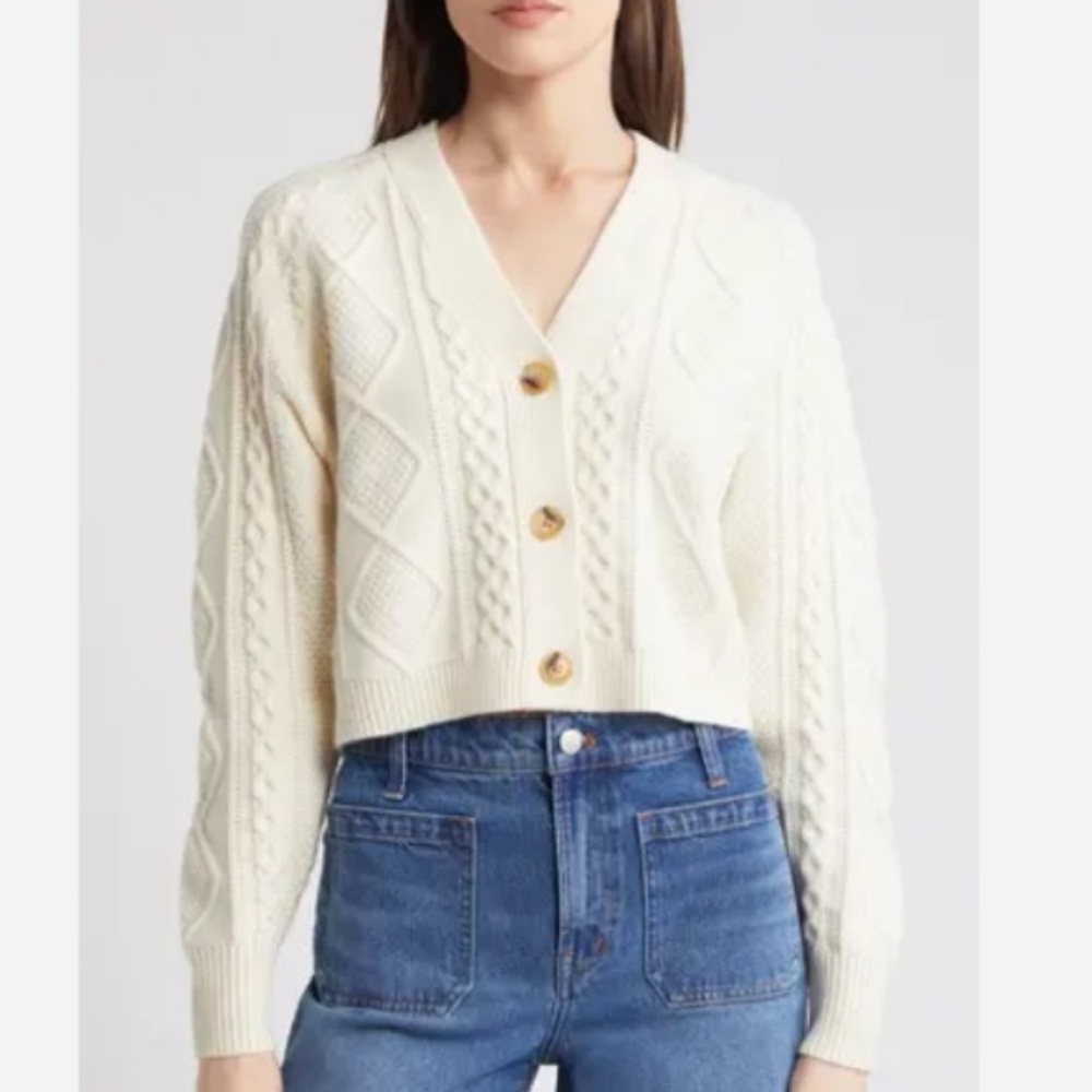 MADEWELL Cream Cable Knit Long Sleeve Sweater Wool Blend Cardigan Size M